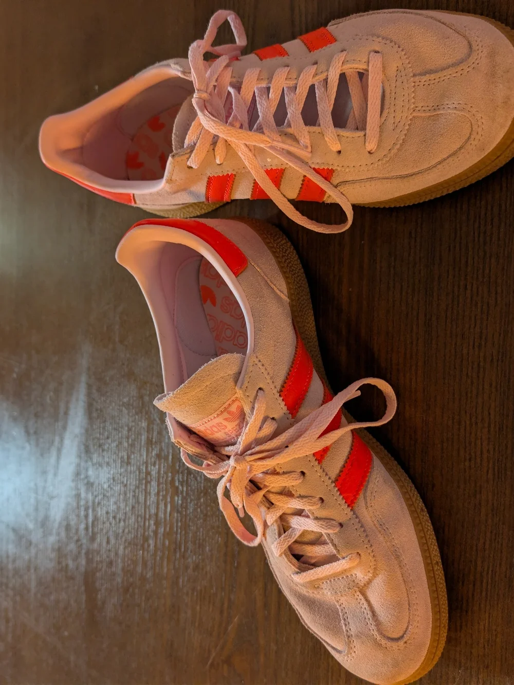 adidas Suede Sneakers in Light Pink with Orange Stripes - Picture 2 of 6